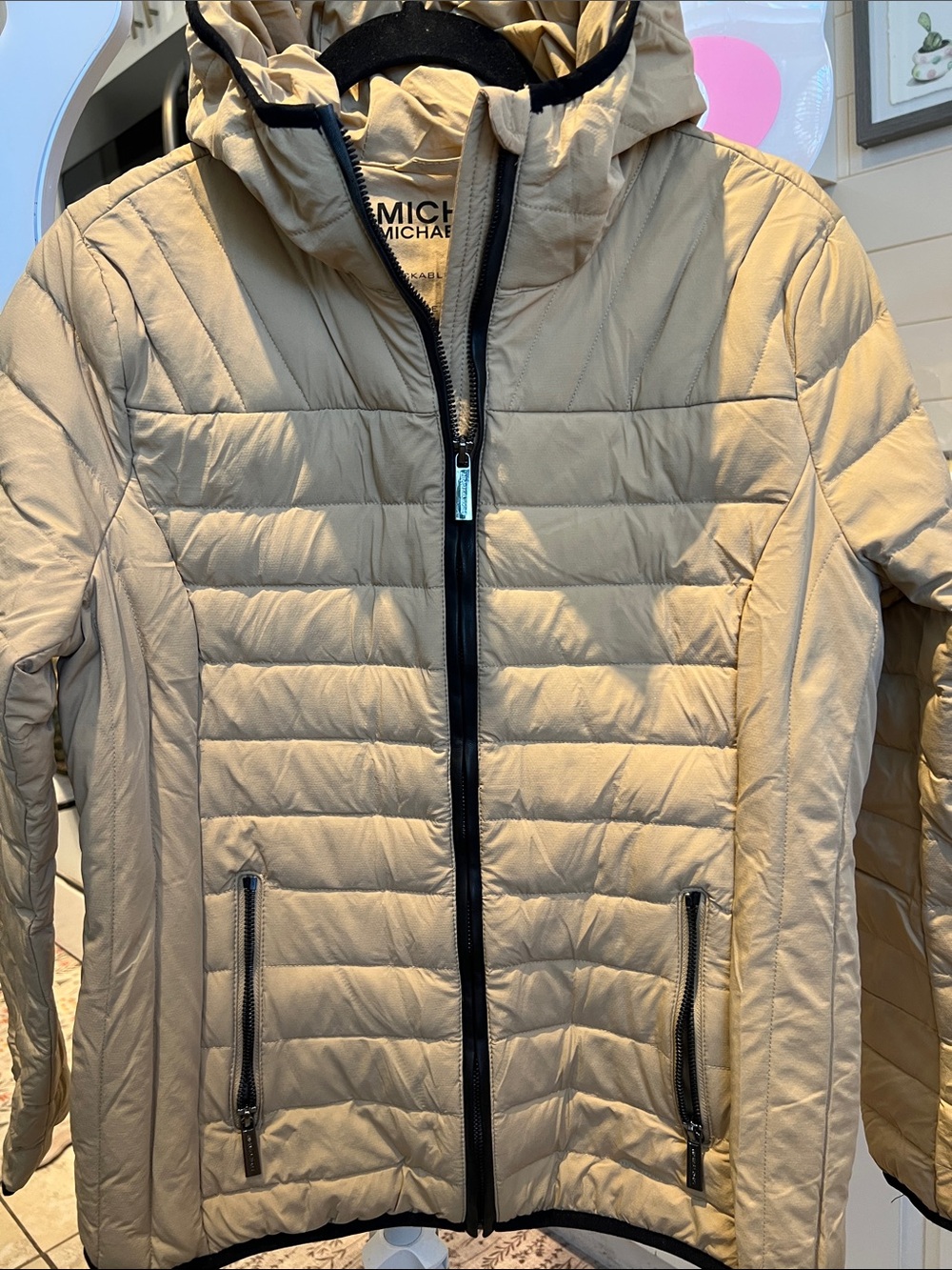 MICHAEL Michael Kors Tan Hooded Quilted Puffer Jacket with Black Trim